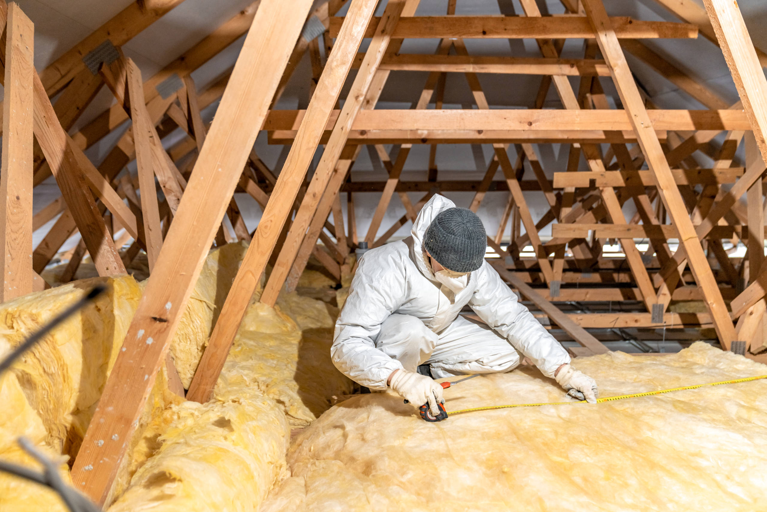 insulation of the roof and ceiling with glass wool.